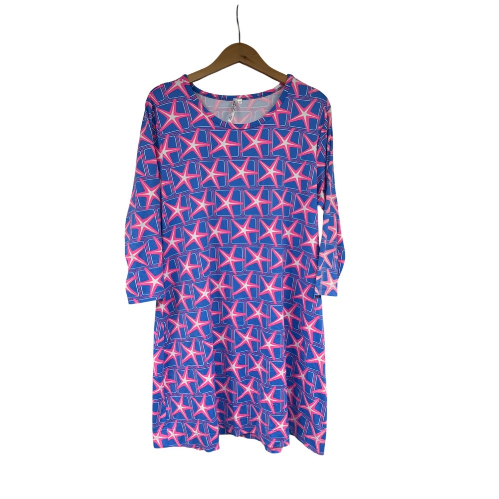Lulu-B Starfish Print Shift Dress XL Blue Pink Resort Coastal Nautical UPF 50